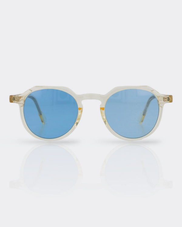 transparent gold Sunglasses with blue tinted lenses