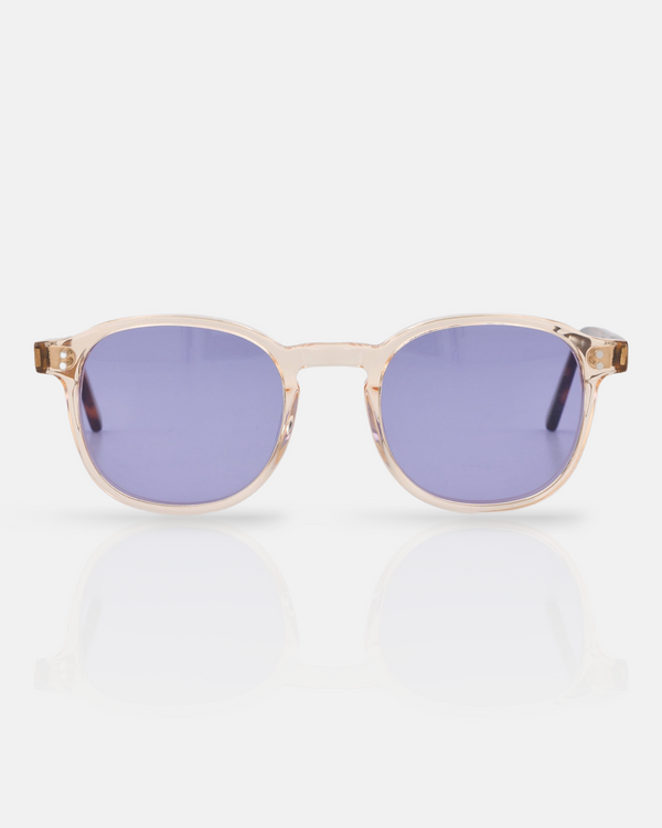 transparent sunglasses with purple tinted lenses