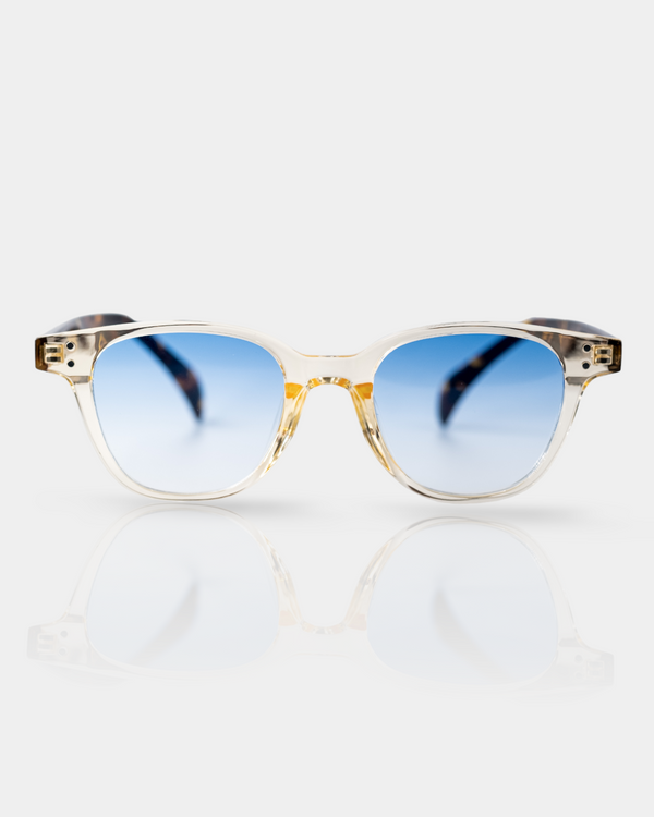 transparent sunglasses with blue tinted lenses