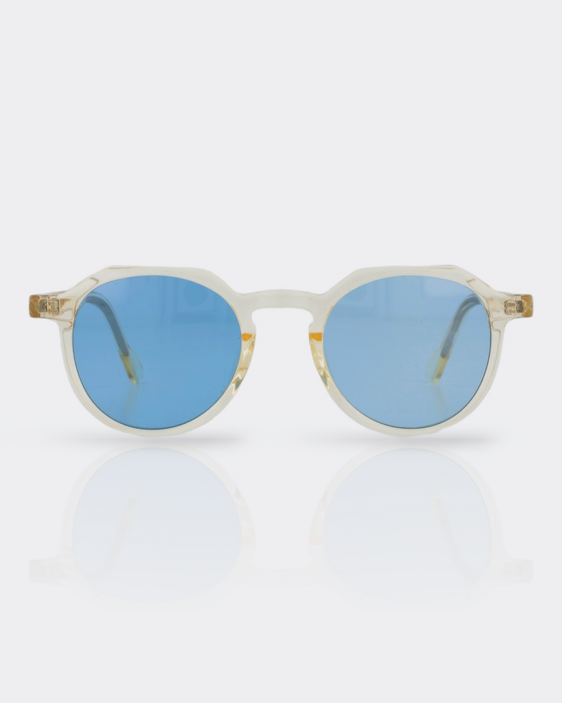transparent gold Sunglasses with blue tinted lenses