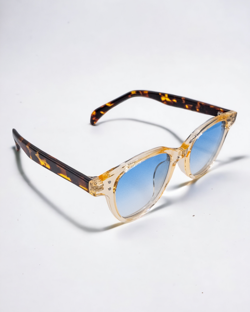 clear transparent frame with blue tinted lenses